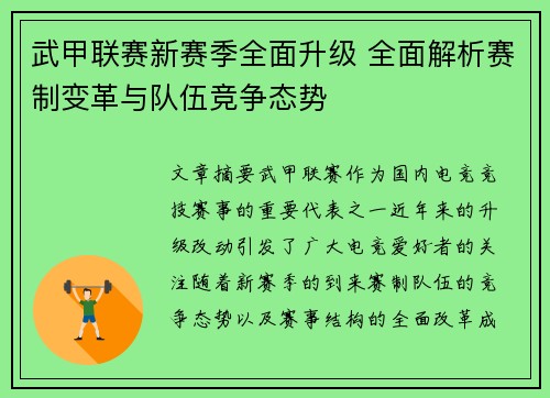 武甲联赛新赛季全面升级 全面解析赛制变革与队伍竞争态势