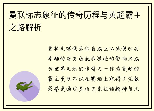曼联标志象征的传奇历程与英超霸主之路解析