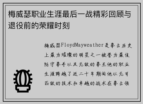 梅威瑟职业生涯最后一战精彩回顾与退役前的荣耀时刻
