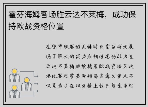 霍芬海姆客场胜云达不莱梅，成功保持欧战资格位置