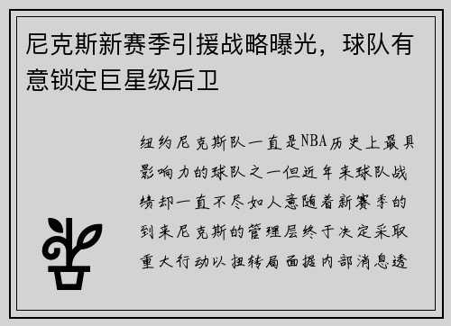 尼克斯新赛季引援战略曝光，球队有意锁定巨星级后卫