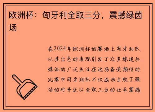 欧洲杯：匈牙利全取三分，震撼绿茵场