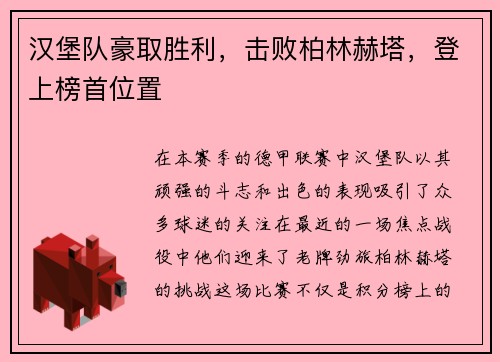 汉堡队豪取胜利，击败柏林赫塔，登上榜首位置