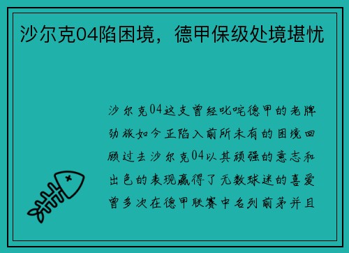 沙尔克04陷困境，德甲保级处境堪忧